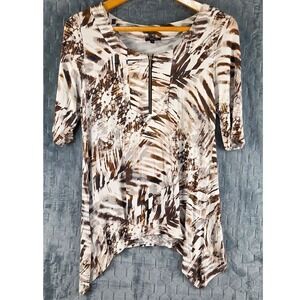 Cupio Womens Brown Abstract Print Zip Front Sharkbite Hem Tunic Top Large L